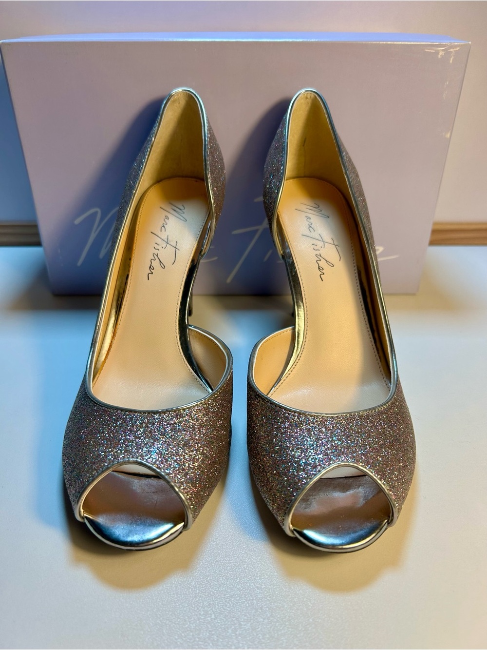 Marc Fisher Joey3 Glitter Peep-Toe Pumps in Silver, 8 M